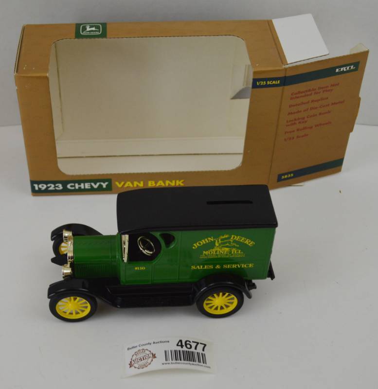 lot 4677 image: John Deere 1923 Chevy Diecast Van Coin Bank 125 Scale