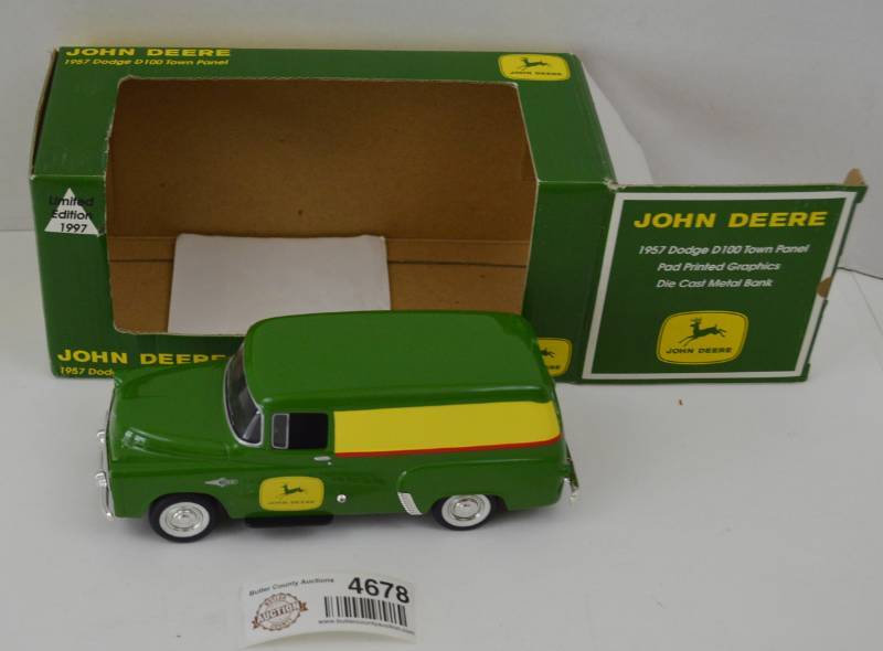 lot 4678 image: John Deere 1957 Dodge D100 Town Panel Die Cast Coin Bank