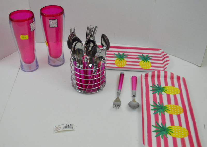 lot 4718 image: 12 Spoons, 7 Forks Pink Silverware in Basket, 2 Pink Insulated Cups and 2 Pineapple Serving Trays