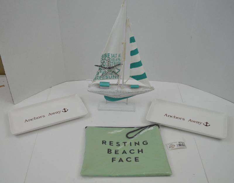 lot 4721 image: Beach Decor Sailboat, Anchors Away Serving Trays (2), and Resting Beach Face Bag