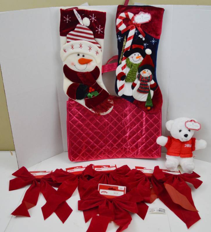 lot 4726 image: 2 Christmas Stockings New With Tags, 6 New Indoor Outdoor Bows, Teddy Bear and Tote