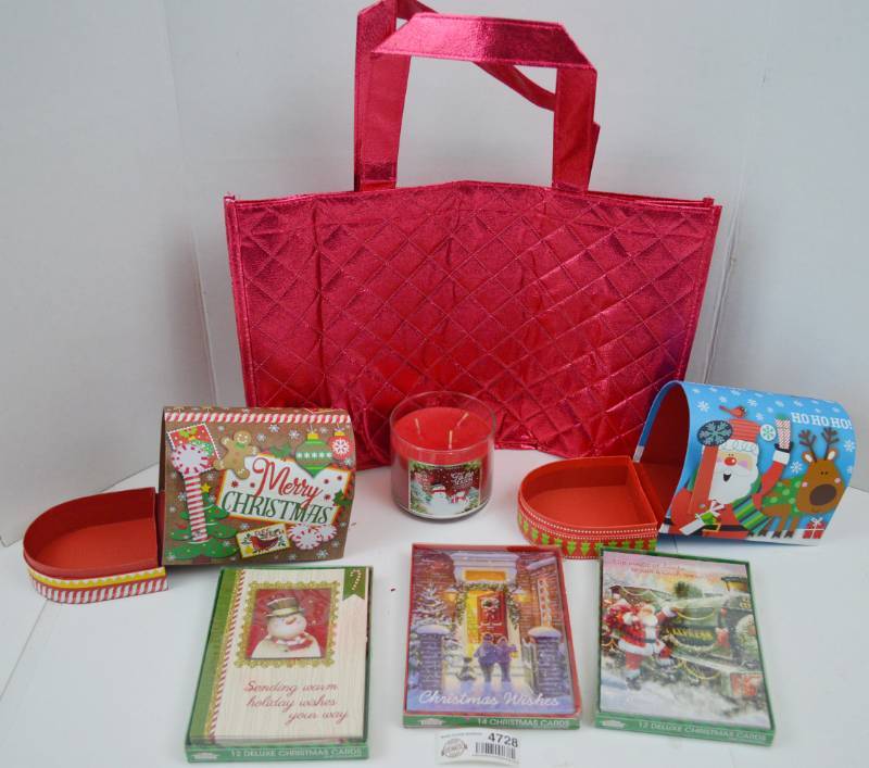 lot 4728 image: 3 Packs of Christmas Cards (2 Appear New) , 2 Cardboard Christmas Mailbox GiftTreat Boxes, New Bath and Body Works Tis the Season Scented Candle and Tote