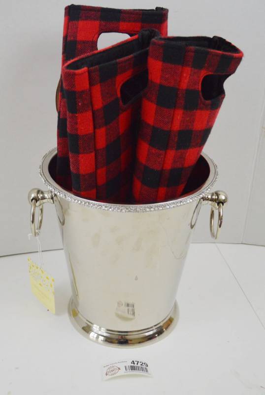 lot 4729 image: New Chrome ChampagneWine Chiller With 3 New With Tags Fabric Wine Gift Bags