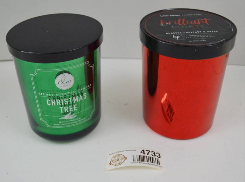 lot 4733 image: 2 New Candles 1 DW Home Christmas Tree Scent, 1 Bloom and Prosper Roasted Chestnut and Apple