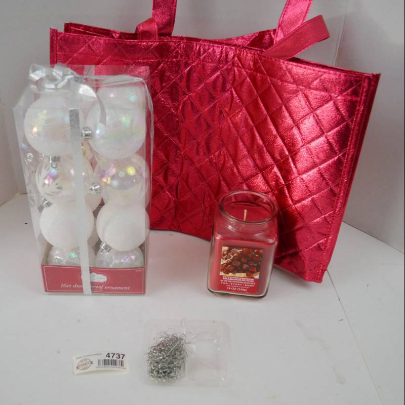 lot 4737 image: New In Package 16 Ct Christmas Ornaments, New Enticing Aromas Candle Ruby Red Pomegranate and Tote