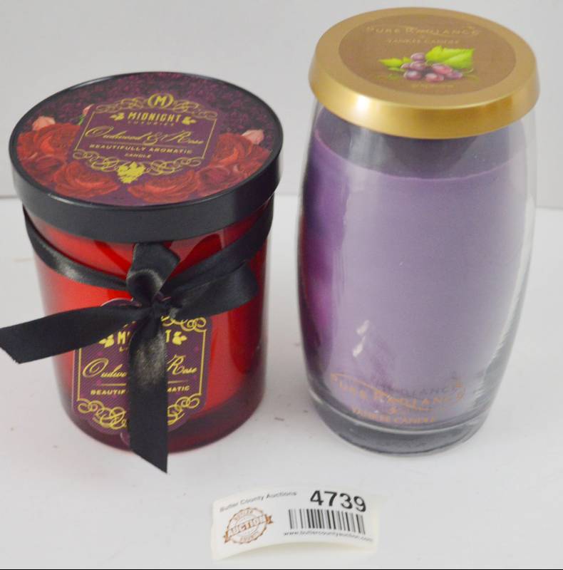lot 4739 image: 2 New Candles, Prosper and Bloom Oud Wood and Rose and Yankee Candle Grapevine