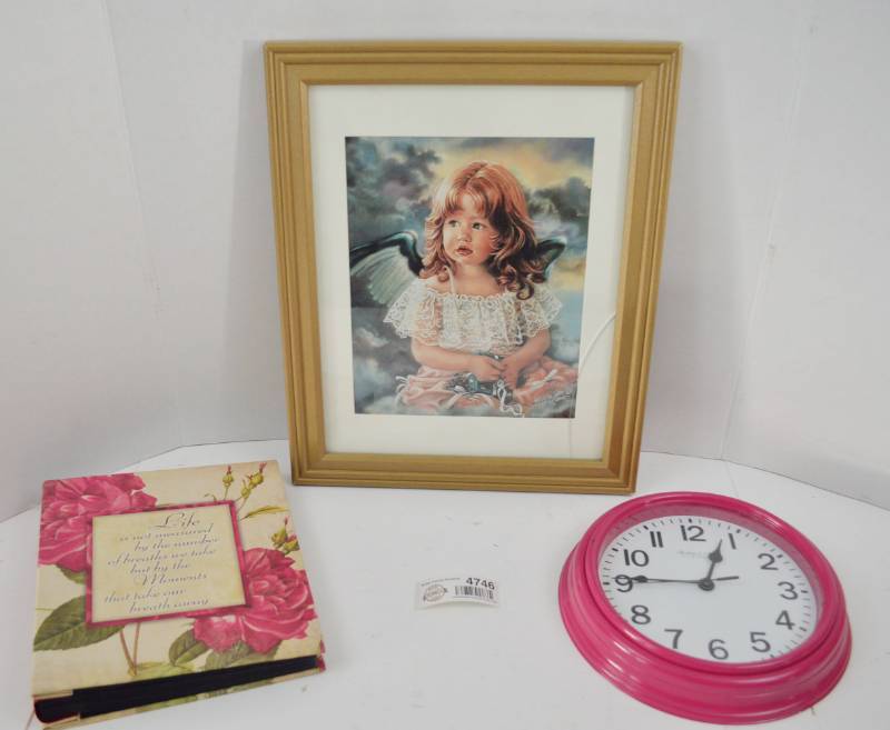 lot 4746 image: Clock 8.5 (Needs Battery, Untested), Framed Picture 15 x 12, Photo Album.