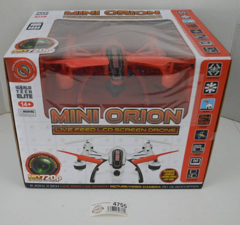 lot 4755 image: Mini Orion Live Feed LCD Screen Drone (Appears New In Box)