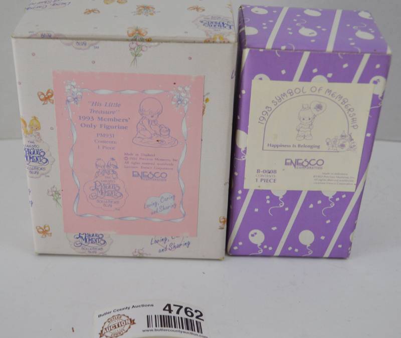 lot 4762 image: Precious Moments 1993 Symbol of Membership and 1993 Members Only Figurines (Box Opened Only To Confirm Item Was There, Appears New)