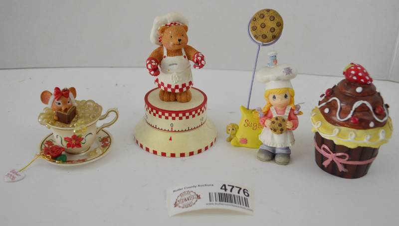 lot 4776 image: Sister Figurine, Bear Kitchen Timer, Precious Moments Recipe Holder, and Cupcake