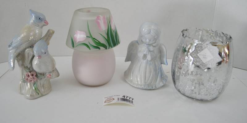 lot 4777 image: Unused Candle With Hand Painted Candle Shade, Angel Figurine, Bird Figurine and Candle Holder