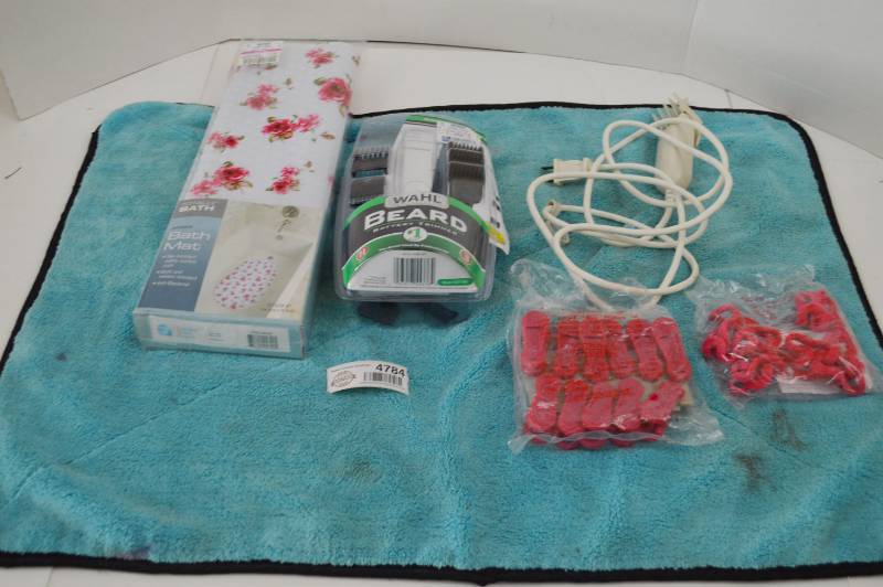 lot 4784 image: New Non Slip Bath Mat, Beard Trimmer and Accessories, Joy Mangano Hanger Cascading Hooks and Finger Clips, Bath Mat