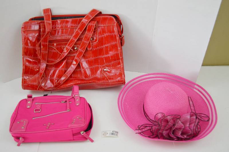 lot 4789 image: Red Laptop Bag (Appears New), Pink Bible Bag and Pink Hat