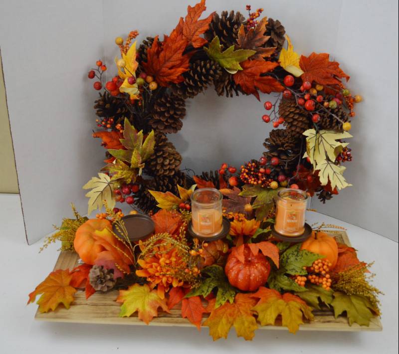 lot 4806 image: Fall Decor CenterpieceCandle Holder 24 W x 12D and 20 Wreath and 2 Candles