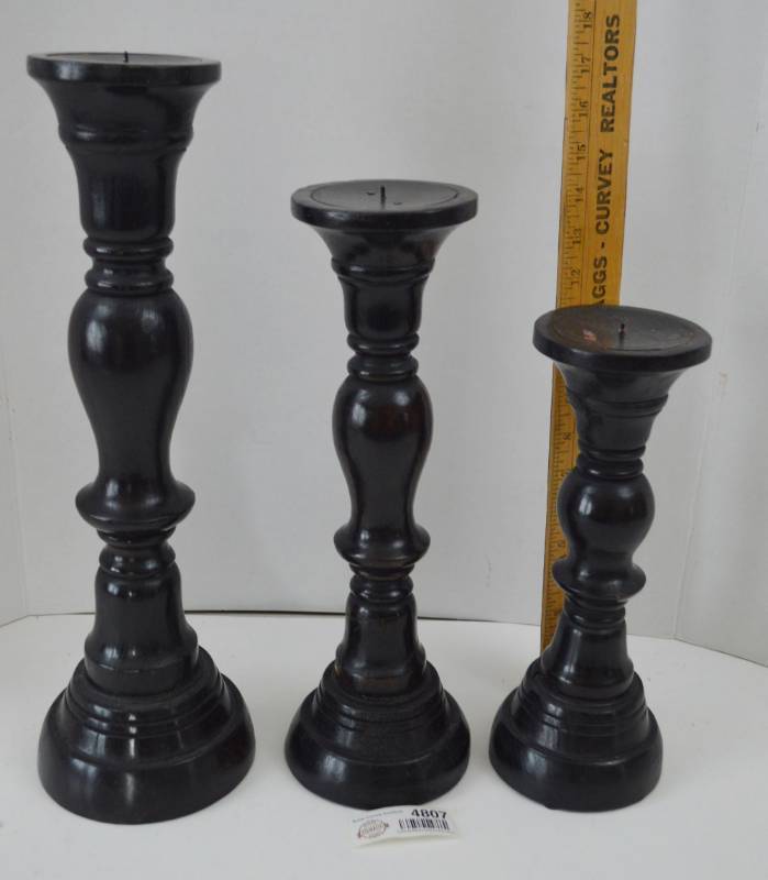 lot 4807 image: 3 Wooden Candelabras 17, 14.5, 11.75