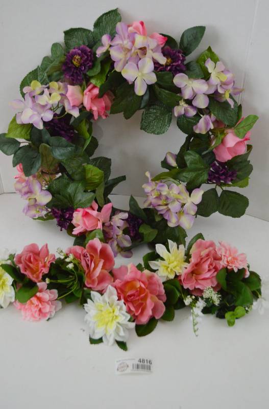 lot 4816 image: Faux Flower Wreath 17 and Wall Hanging Flower Arrangement