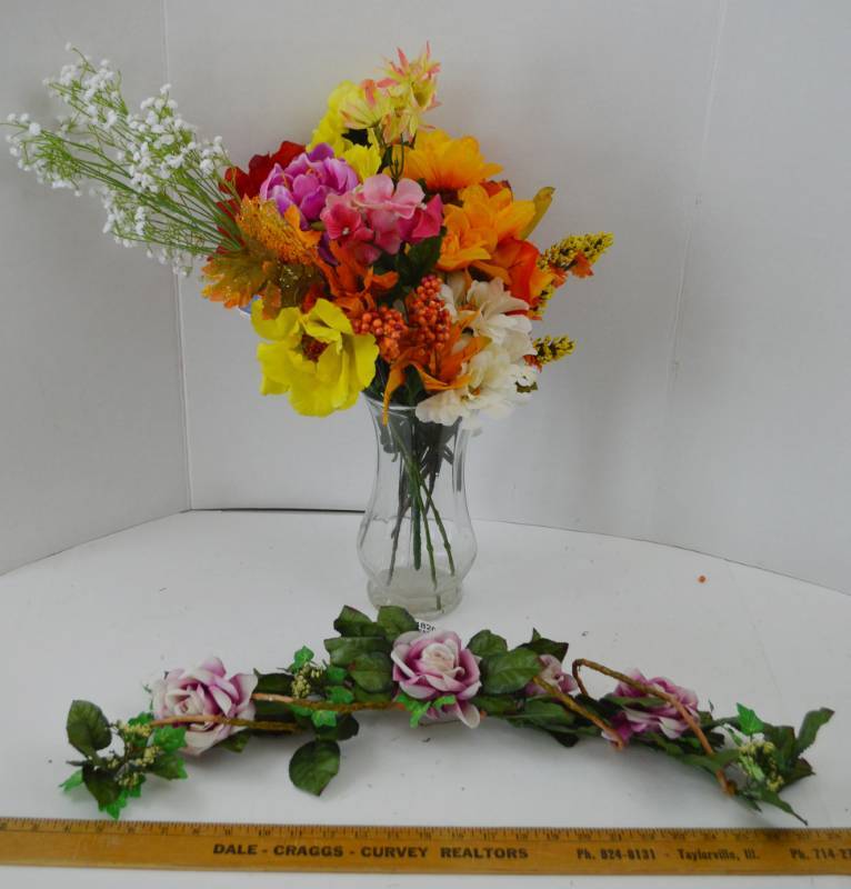 lot 4820 image: Misc Faux Flower Arrangement In Vase w Wall Hanging Flower Arrangement