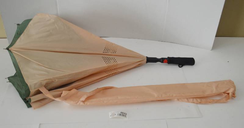 lot 4842 image: Inverted Umbrella Tan and Green, One Hand Open W Carrying Case W Carrying Strap 39 W