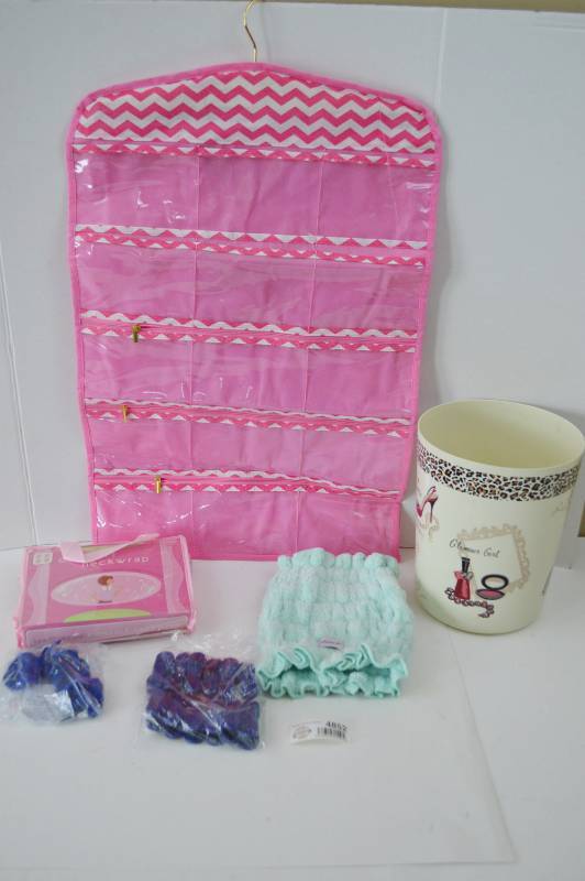 lot 4852 image: Misc Bathroom Lot, Trash Can, Hanging Jewelry Organizer, Thirsty Hair Towel, Microwaveable Neck Wrap, Hanger Accessories