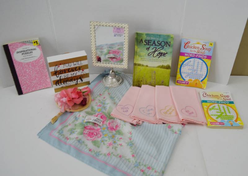 lot 4854 image: Misc Lot Mirror, Napkins, Scarf Activity Books, Decor w Tote