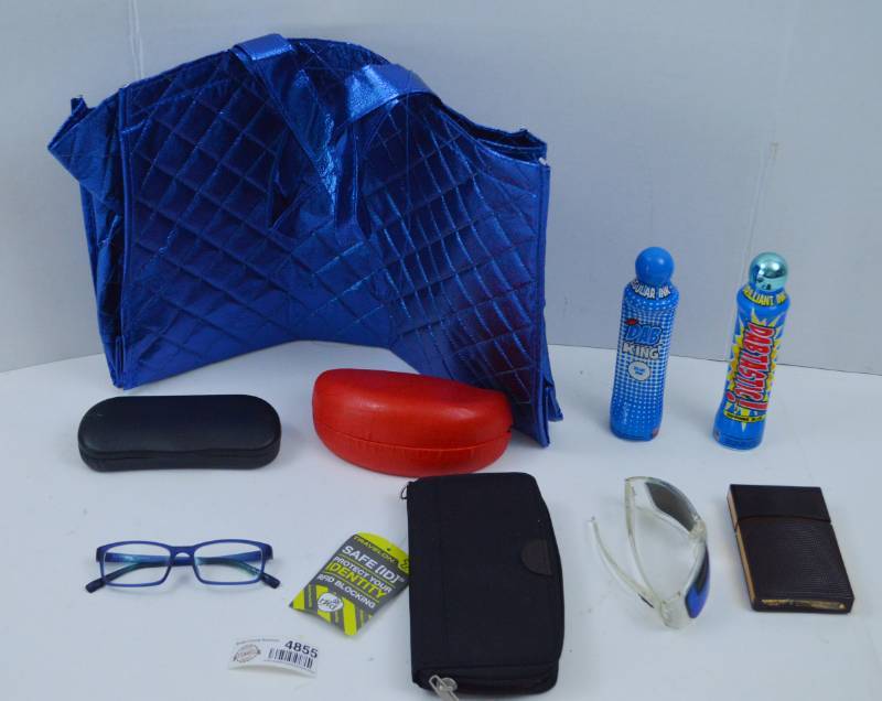 lot 4855 image: Misc Sunglasses, Cases, Glasses, New Wallet, Elizabeth James Nirvana Perfume, Bingo Dabbers and Tote