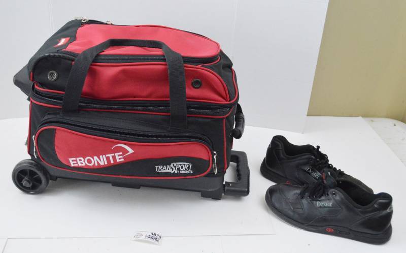 lot 4870 image: 2 Bowling Balls (in Travel Rolling Case and Size 9 Mens Bowling Shoes
