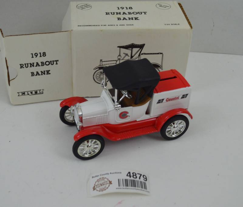 lot 4879 image: Ertl Coastal 1918 Ford Runabout Diecast Locking Coin Bank w Key 125 Scale