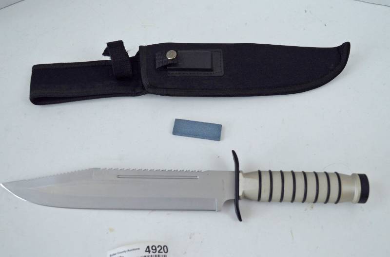 lot 4920 image: Maxam Survival Knife w Belt Loop Sheath and Sharpening Stone Overall Length 15