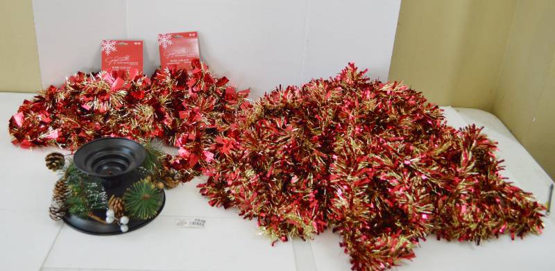 lot 4948 image: 2 New In Package 10 Red and Gold Christmas Garlands and Large Pile Red and Cold Open Garland, and Candle Holder
