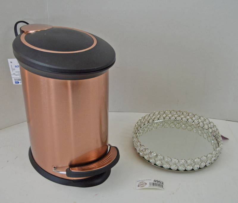 lot 4952 image: New w Tags 12 T Rose Gold Soft Close Trash Can and MirroredCrystal Candle Holder
