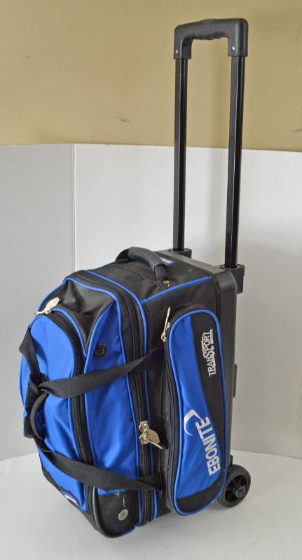lot 4967 image: Ebonite 2 Ball Rolling Bowling Ball Bag With 2 Balls and Dexter Sz 9.5 Shoes