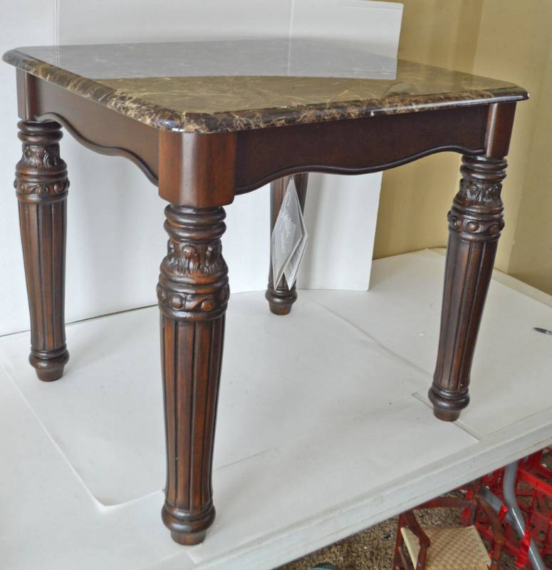 lot 4969 image: Ashley Signature Design End Table. Faux Marble Top. New With Tag. 24t x 26w x 23.5
