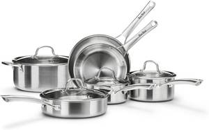 lot 121250 image: Retails for $130 Stainless Steel Cookware Set,Tir-Ply Pots and Pans Set,10 Pcs Stainless Steel Induction Kitchen Cookware Sets,PFOA Free, Frying Pans,Saucepans,Saute Pan & Stock Pot,Compatible with All Cooktops