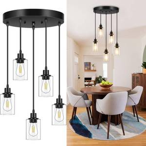 lot 121261 image: Licperron 5-Light Pendant Light Fixtures with Clear Glass Shades, Black Adjustable Kitchen Island Hanging Ceiling Light Fixtures, Modern Pendant Lighting E26 Base for Dining Room, Hallway, Living Room