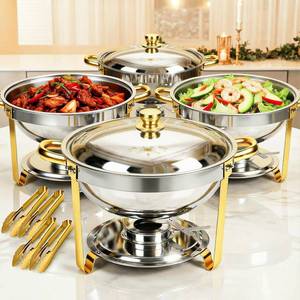 lot 121272 image: Retails for $122 ALSO GO Round Chafing Dishes for Buffet 4 Pack, 6QT Chafing Dishes Buffet Set Gold, Catering Food Warmer for Parties Buffet with Full Size Chafing Pans, Stainless Steel Warming Trays for Thanksgiving
