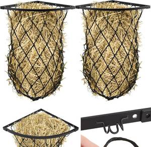 lot 121286 image: 2 Set Wall Hay Feeder with Net Corner Hay Rack Black Corner Hay Feeder Frame with Slow Feed Hay Net for Horses Goat