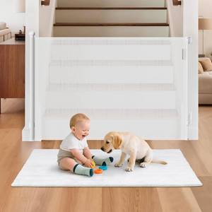 lot 221305 image: Retractable Baby Gate for Stairs, 55 Wide 38 High Pet Gate with Auto-Retract System, One-Hand Operation, Mesh Baby Gate for Doorways, Hallways, Decks, Indoor & Outdoor, White