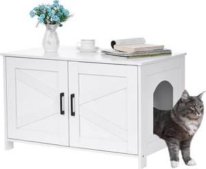 lot 221312 image: Homhedy Cat Litter Box Enclosure, Wooden Cat Washroom Furniture with Barn Door, Pet House, Fit Most of Litter Box, White