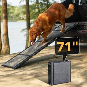 lot 221313 image: Retails for $110 PetThem Dog Ramp for Car 71 X-Long & 17.2 Wide Folding Dog Ramps for Large Dogs with Non-Slip Rug Surface Portable Dog Car Ramp for SUV Car & Truck, Outdoor Dog Ramp Up to 250 LBS