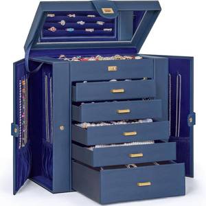 lot 321136 image: AKOZLIN Extra Large 6-Tier Jewelry Box Organizer Functional Huge, 5 Drawers Leather Jewelry Storage Case for Women Girls Ring Necklace Earring Bracelet Holder Organizer with Mirror Blue