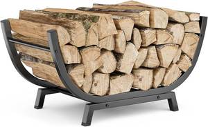 lot 321138 image: Firewood Rack - 25 inch Outdoor Indoor Metal Firewood Holder With Thickened Trapezoid Base-Double Coated Waterproof Rustproof Fireplace Firewood Stand, Black