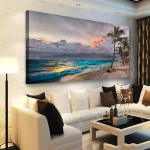 lot 321172 image: Beach Pictures Wall Art Canvas Prints Seascape Poster Bathroom Decor Blue Ocean Green Tree Painting for Living Room Bedroom Home Kitchen Decoration 20x40 Wooden Frame Natural Landscape Artwork