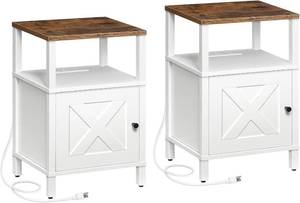 lot 421231 image: Set of 2 Farmhouse Nightstand with Charging Station, White Bedside Table with USB&Type-C Ports and Outlets, End Table with Storage, Night Stand for Bedroom, White and Rustic Brown