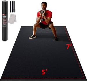 lot 421250 image: Retails for $104 Large Exercise Mat for Home Workout,12 x6 10x69x68x67x56x4 (7mm) Extra Thick Workout Mat, High-Density Gym Mat for Cardio, Jump Rope, MMA, Weights (Shoe-Friendly)