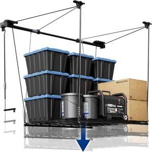 lot 330842 image: Retails for $180 FLEXIMOUNTS GL1 Overhead Garage Lifting Storage Rack, 4x4 Ft Heavy-Duty Metal Garage Ceiling Rack, Adjustable Organization System With 71L Axle, 300lbs Weight, Black