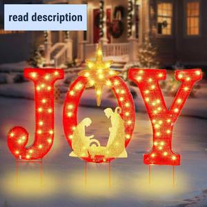 lot 321170 image: Christmas Joy Yard Decoration, 90 LED Lighted Outdoor Nativity Set 33inch Lawn Religious Scene Decor with Timer and 8 Lighting Modes for Patio Garden Xmas Party Home, Ground Stakes - RedGolden