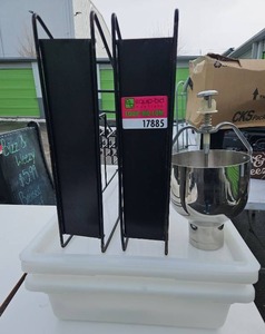 lot 17885 image: Assorted Lot W Pancake Dispenser, (2) Display Racks, (2) Plastic Storage Containers