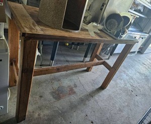 lot 17912 image: 5ft Solid Wood Industrial Work Table - Contents Not Included