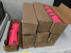 lot 21 image: Pink Fluorescent Flagging RibbonTape (9 boxes with 12 Rolls and 1 box with 10)  - Retail $180