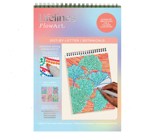 lot 41075 image: Lifelines FlowArt Dot-by-Letter Activity Pad, Guided Dot Art Meditations with 4 Double-Sided Markers, Botanicals Scenes, 20 Pages